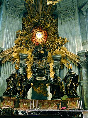 No retábulo, acima do altar conserva-se a própria cátedra que São Pedro usava, em vida, no exercício de seu ministério (Altar da Cátedra de São Pedro - Basílica Vaticana)